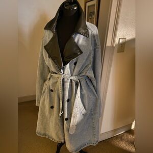Stylish Denim Trench Coat w/Faux Leather